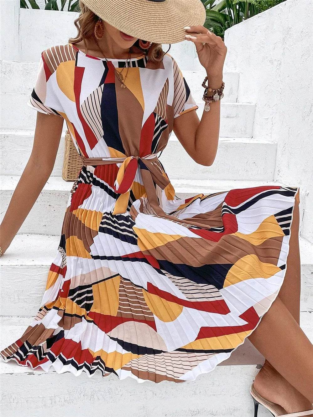 Elegant Print Lace-up Dress for Women - Summer Casual A-Line Style - Buy Center