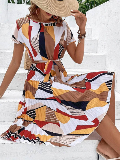 Elegant Print Lace-up Dress for Women - Summer Casual A-Line Style - Buy Center
