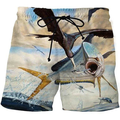 Men's Vintage 3D Fishing Print Swim Trunks - Quick Dry Beach Shorts - Buy Center