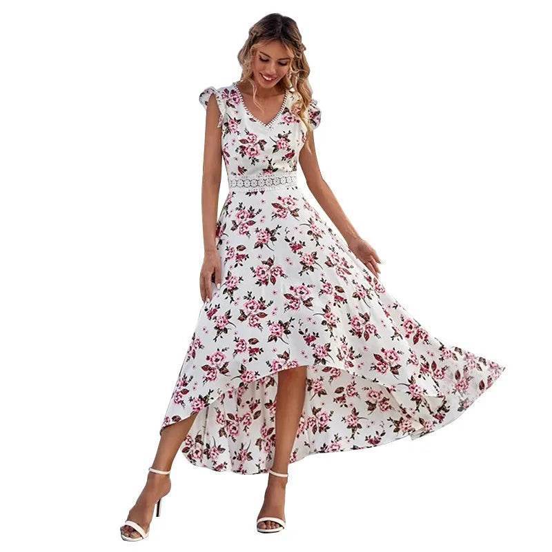 Floral Print Women’s Dress - Lace Collar, Irregular Waist Style - Buy Center