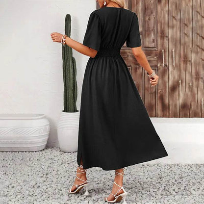 Chic Women’s Ruffle Pleated Dress - V-Neck, Short Sleeves, Summer Style - Buy Center