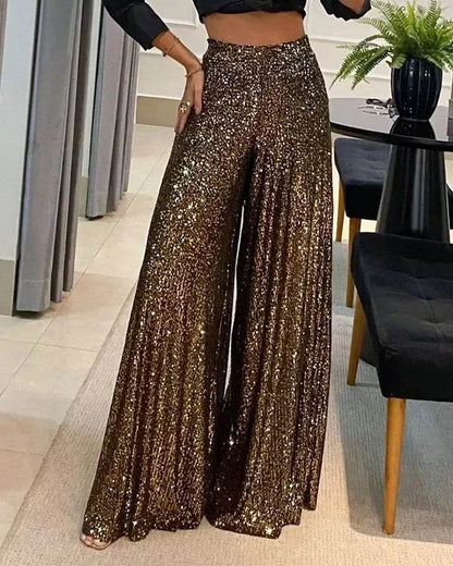 Elegant Sequin High Waist Wide Leg Pants for Women - Casual Style - Buy Center
