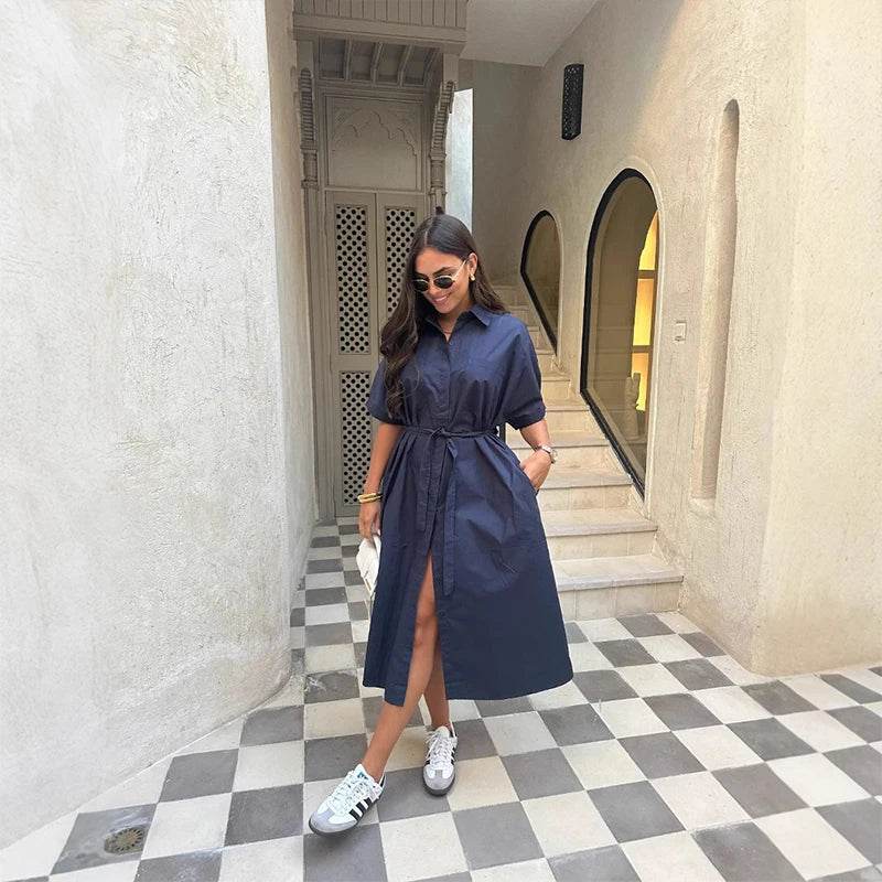Summer Casual Lapel Dress - Elegant Short Sleeved Women's A-Line - Buy Center
