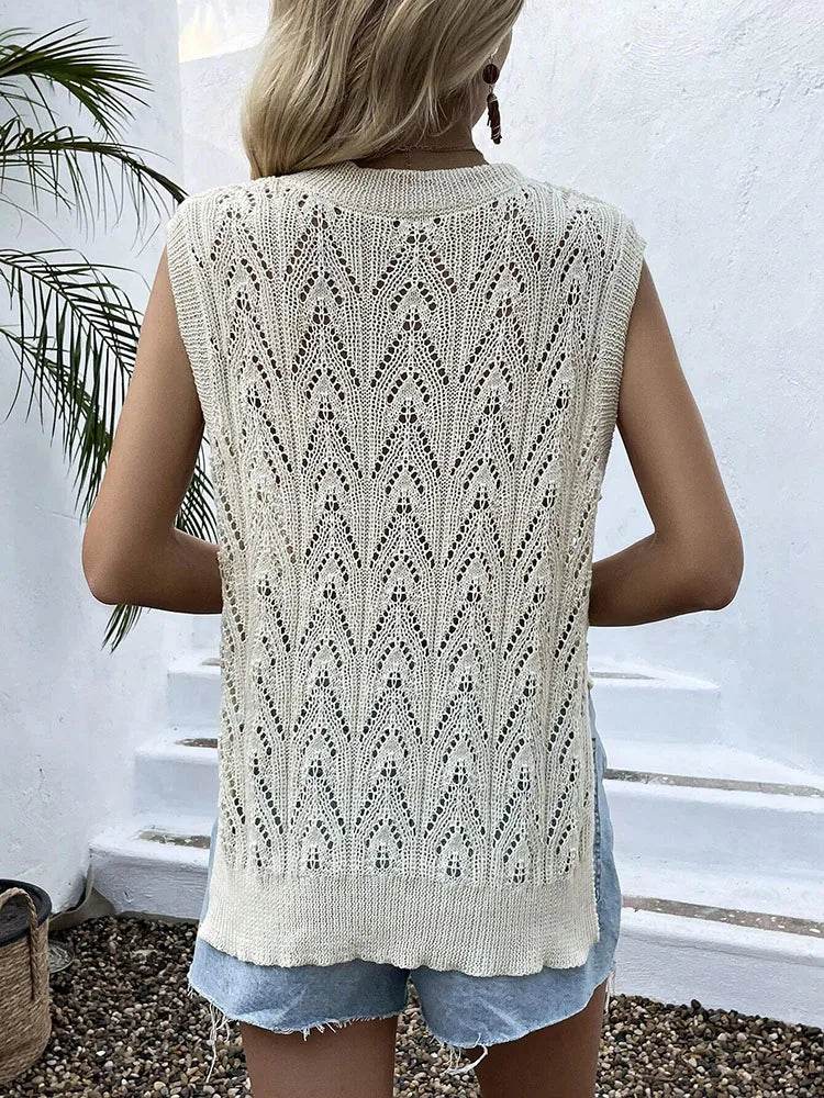 Elegant Women's V-Neck Loose Knit Sweater - Hollow Out Design - Buy Center