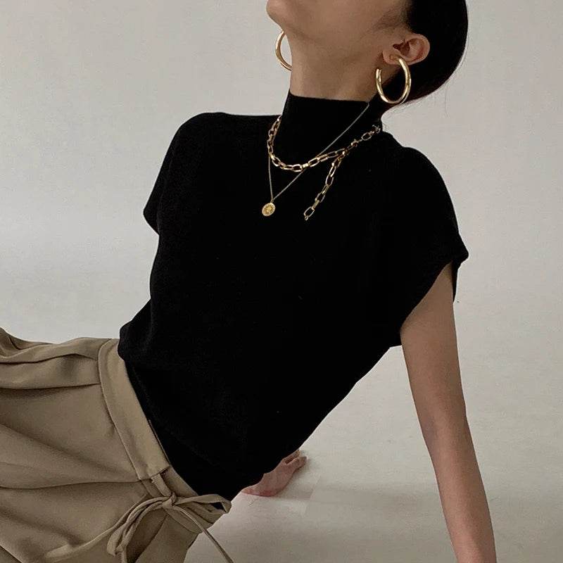 Stylish Turtleneck Short Sleeve Sweater - Casual Women Tops 2024 - Buy Center