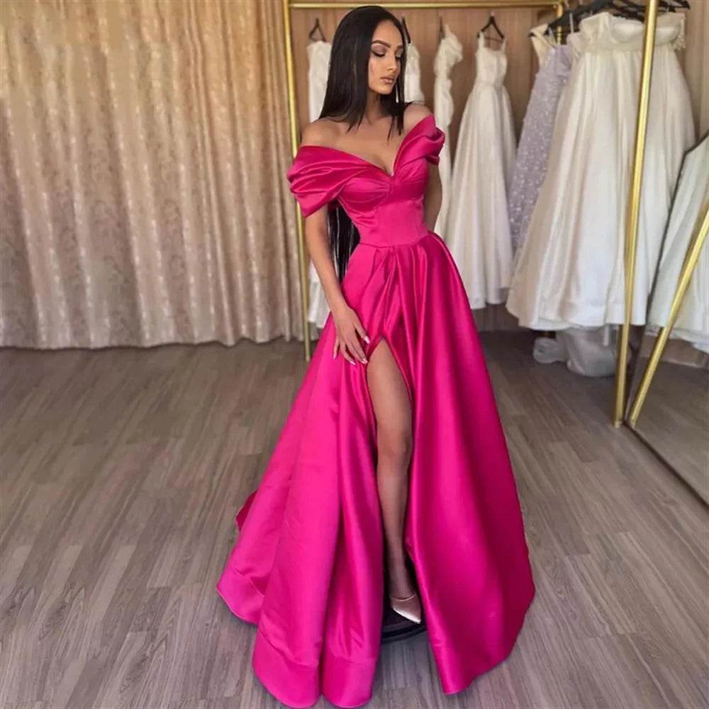 FDHAOLU Satin Evening Dress - Off the Shoulder, Side Slit Design - Buy Center