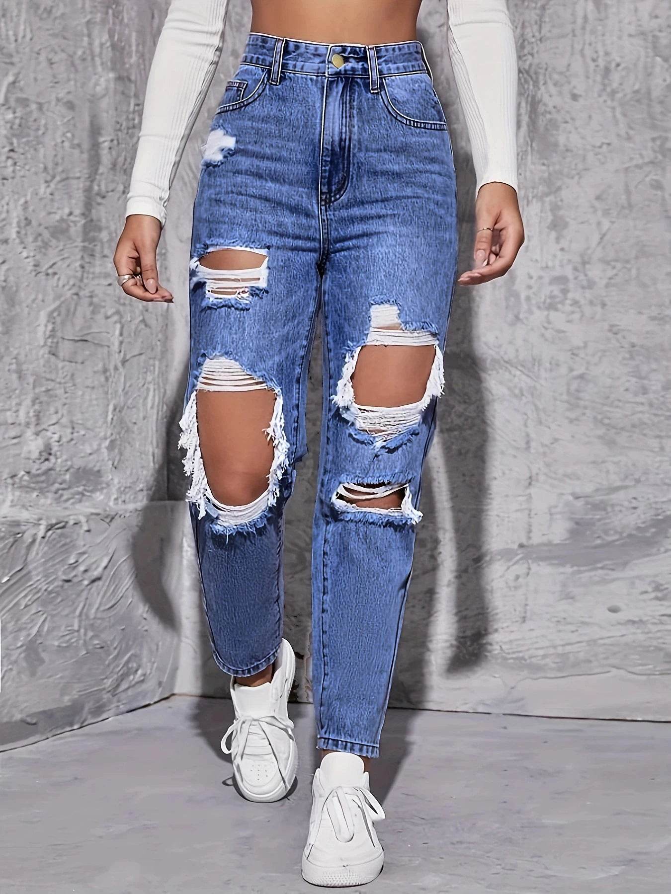 American Retro High Waist Hole-Punched Jeans for Women - Loose Fit - Buy Center