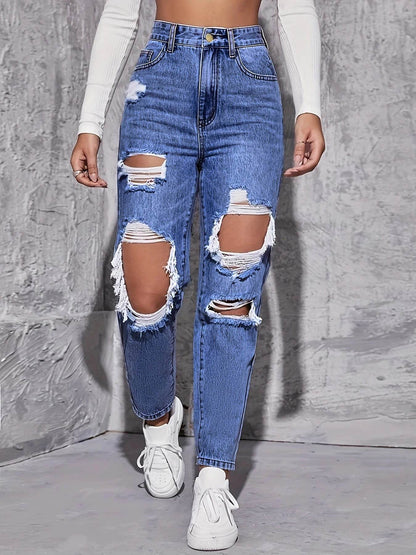 American Retro High Waist Hole-Punched Jeans for Women - Loose Fit - Buy Center