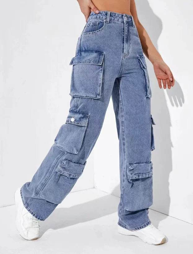 Trendy Women's High Waist Cargo Jeans - Distressed Denim Streetwear - Buy Center