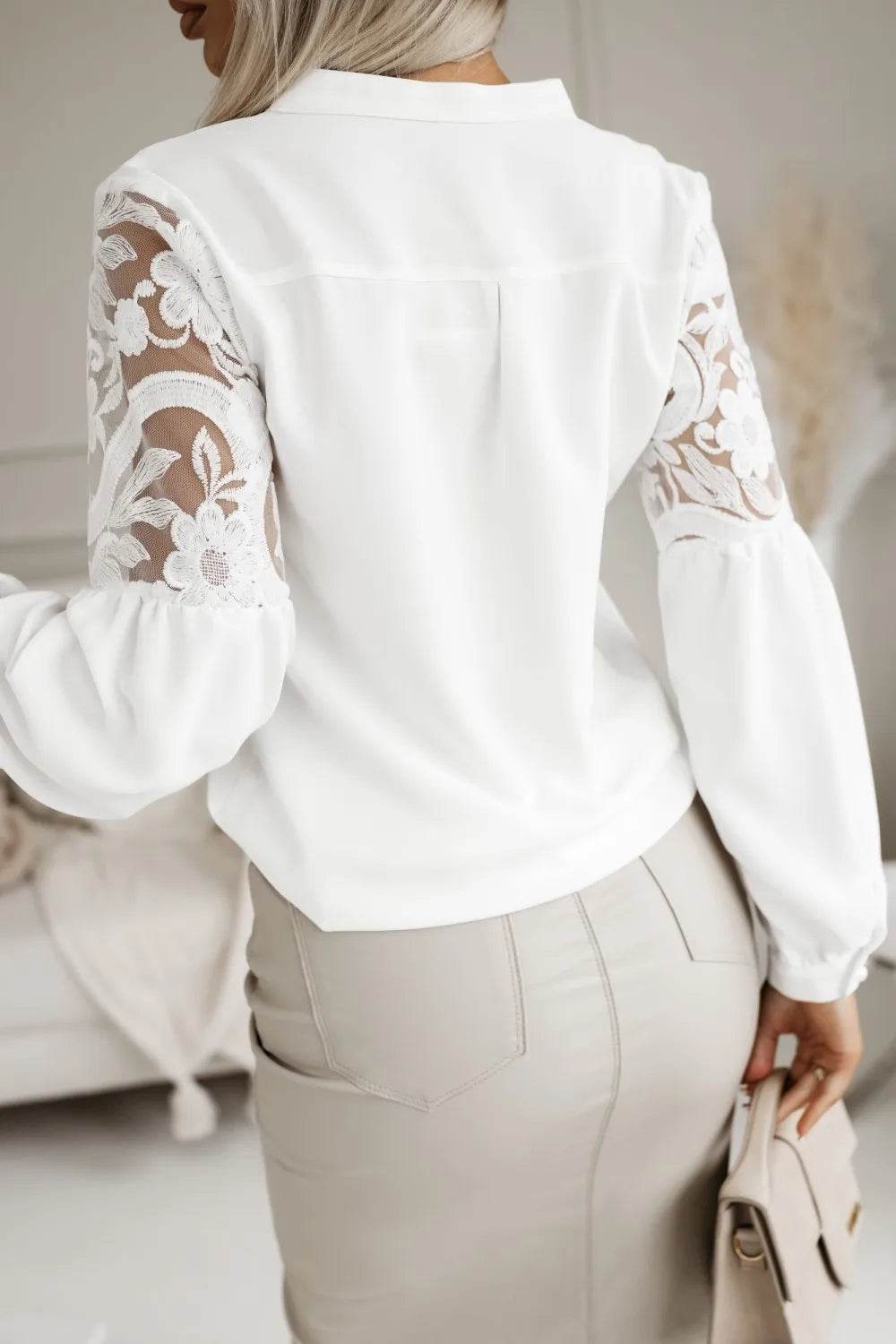 Women’s Chic Turn Down Neck Lace Blouse - Casual Button Long Sleeves - Buy Center