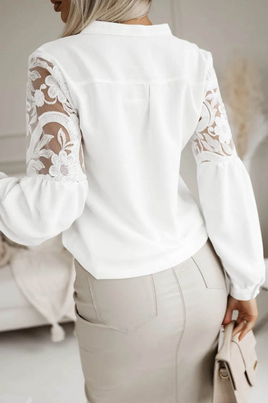 Women’s Chic Turn Down Neck Lace Blouse - Casual Button Long Sleeves - Buy Center