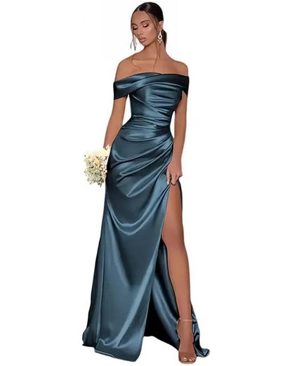 Stunning Off The Shoulder Satin Mermaid Prom Dress - High Split Design - Buy Center