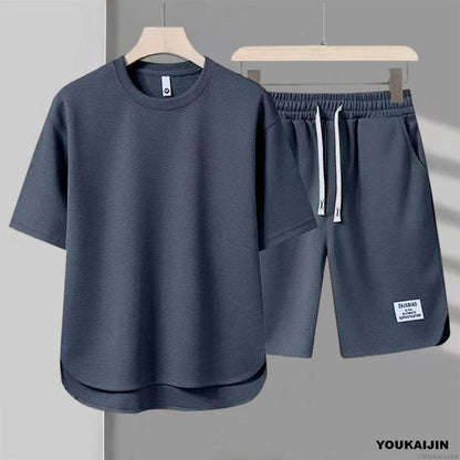 YOUKAIJIN Men's Summer Casual Suit - Waffle T-shirt & Shorts Set - Buy Center