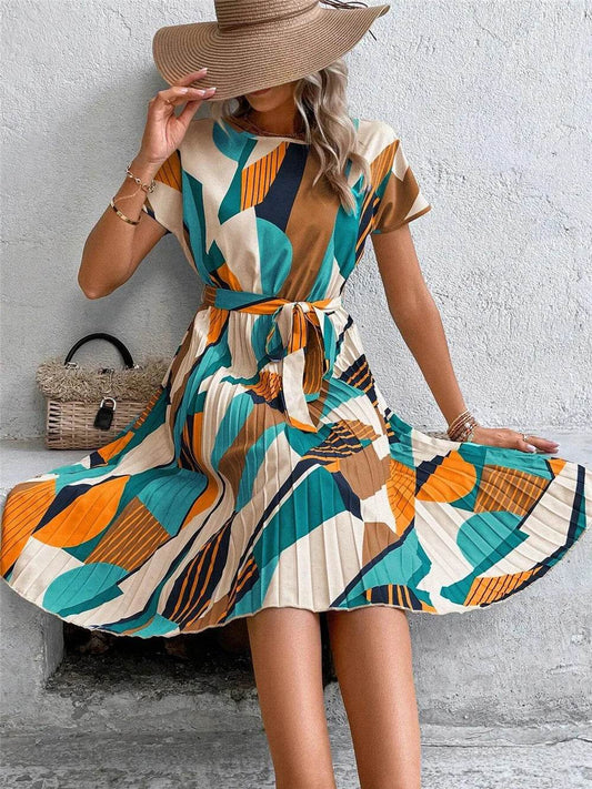 Elegant Print Lace-up Dress for Women - Summer Casual A-Line Style - Buy Center