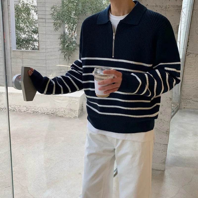 Autumn Korean Men's Light Style Lapel Long Sleeve Sweater Fashion High-end Loose Retro Casual Half Zip Striped Sweater Top - Buy Center