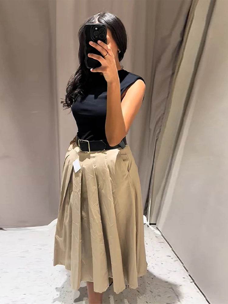 Chic Patchwork Pleated Maxi Dress - High Waist Sleeveless Style - Buy Center