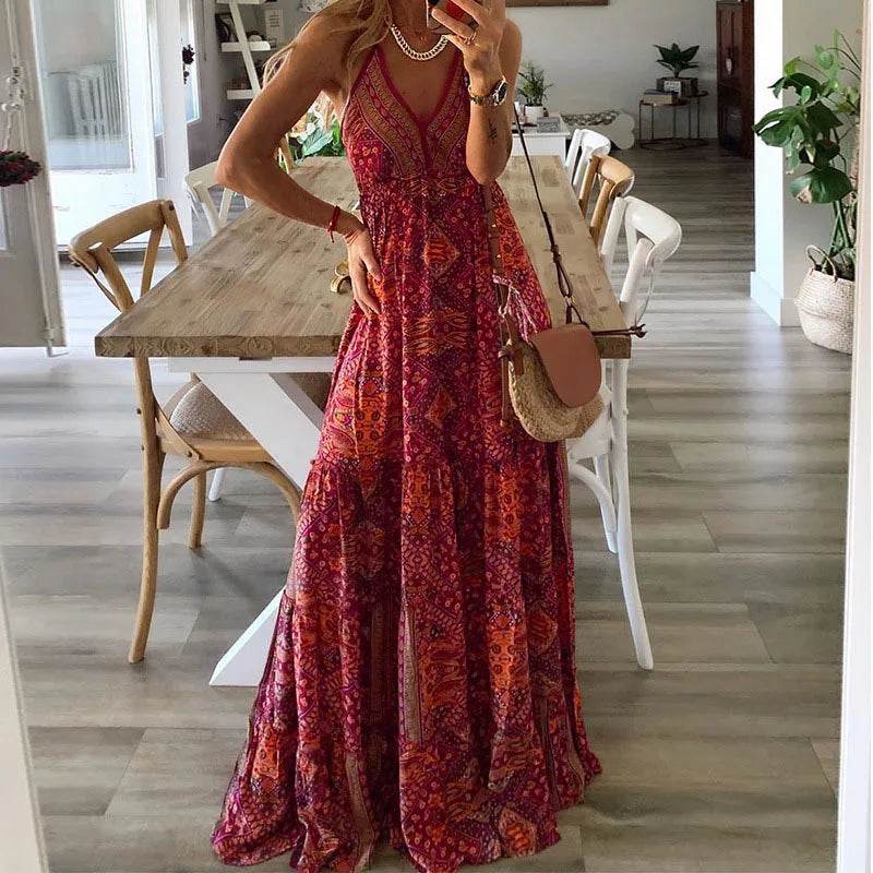 Bohemian V-Neck Floral Dress - High Waist Spaghetti Strap Style - Buy Center
