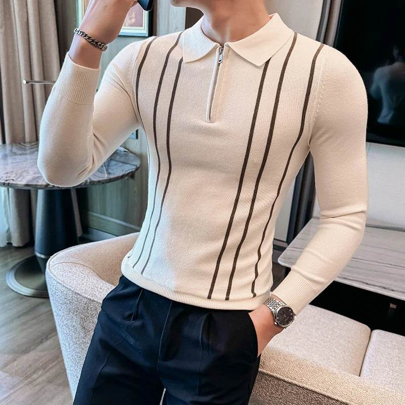 2024 Autumn Winter New Striped Sweater For Men Fashion Zipper Flip Collar Knitted Polo Shirt Men's Long Sleeve Slim Casual Pull - Buy Center