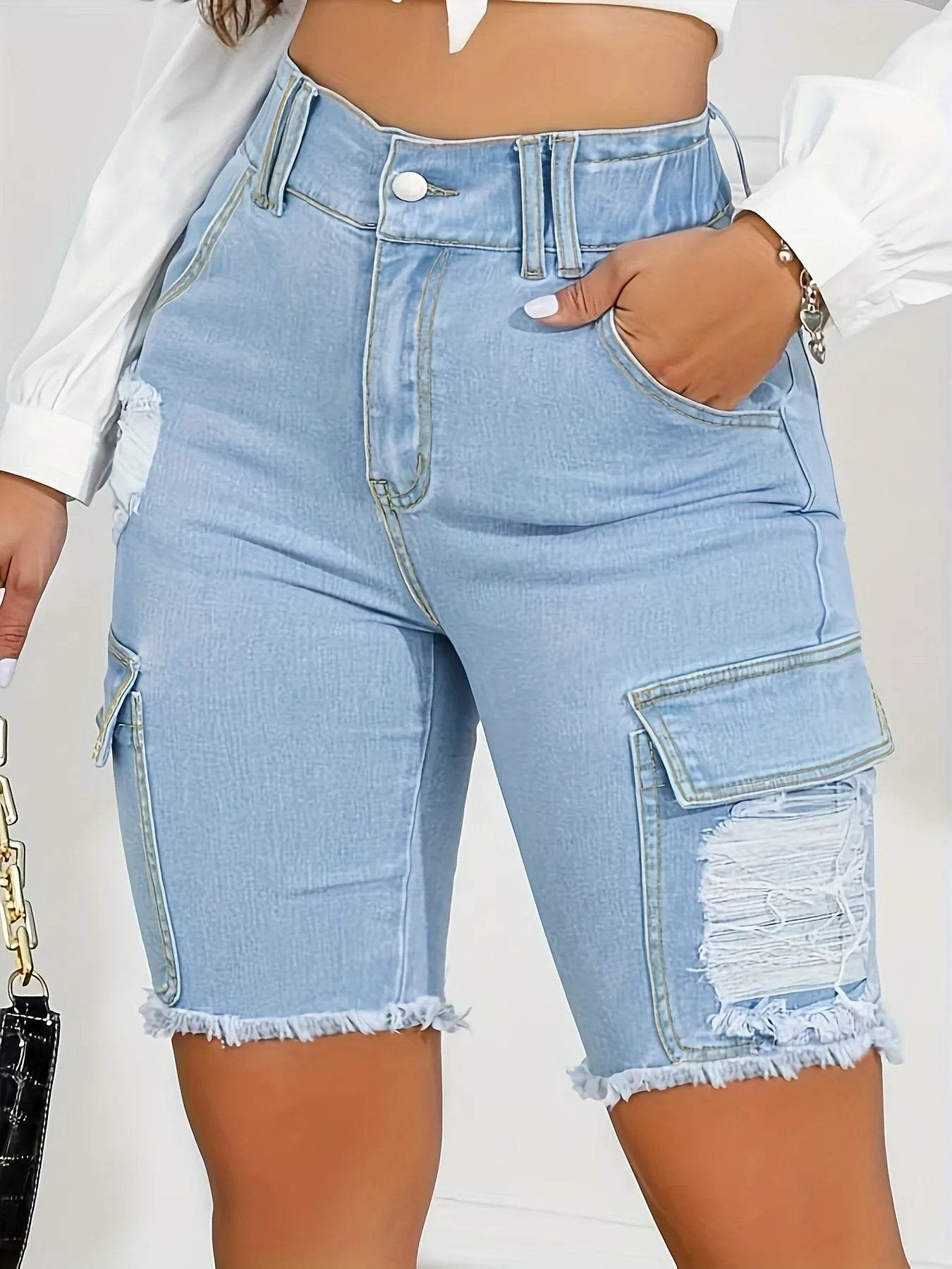 Wulend Women's High Waist Distressed Denim Shorts - Casual Patchwork Style - Buy Center