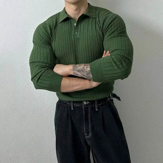Mens Pullover Polo Korean Retro Stripe Temperament Ribbed Knit Top Autumn Slim Fit Long Sleeve Casual Trend Muscle Men's Clothes - Buy Center
