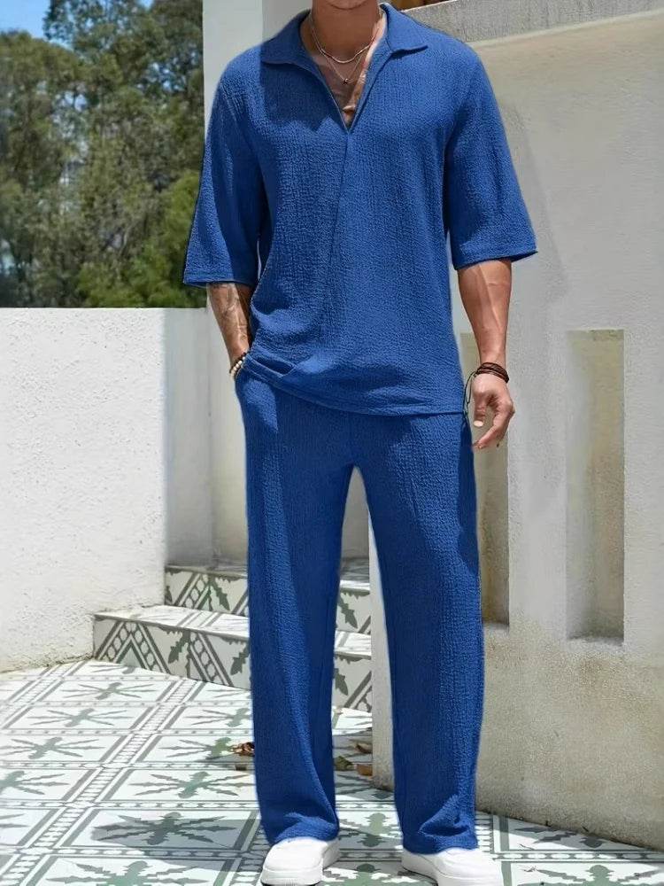 2025 Men's Retro Casual Beach Suit - Half-Sleeve Solid Color Shirt - Buy Center