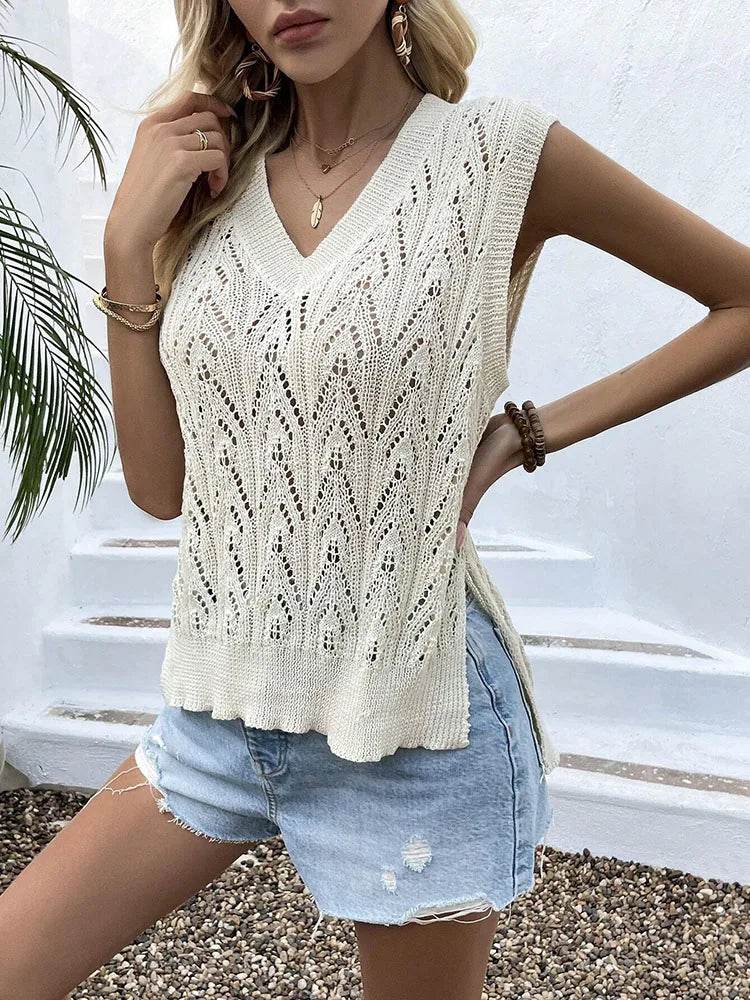Elegant Women's V-Neck Loose Knit Sweater - Hollow Out Design - Buy Center