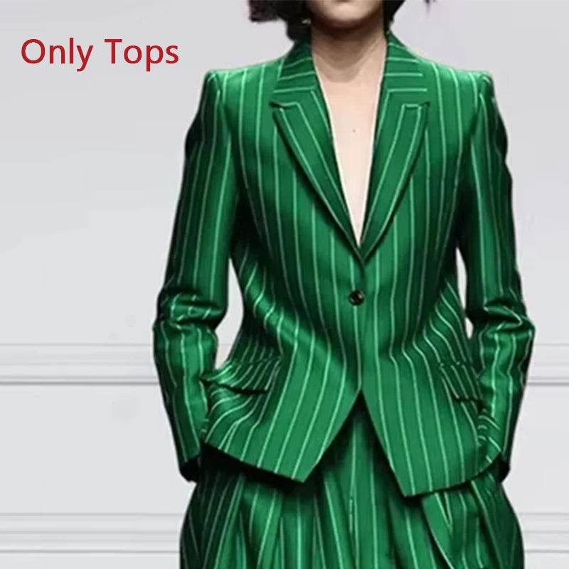 Beautyblue Women's Vintage Blazer Set - Striped Trousers & Long Sleeves - Buy Center