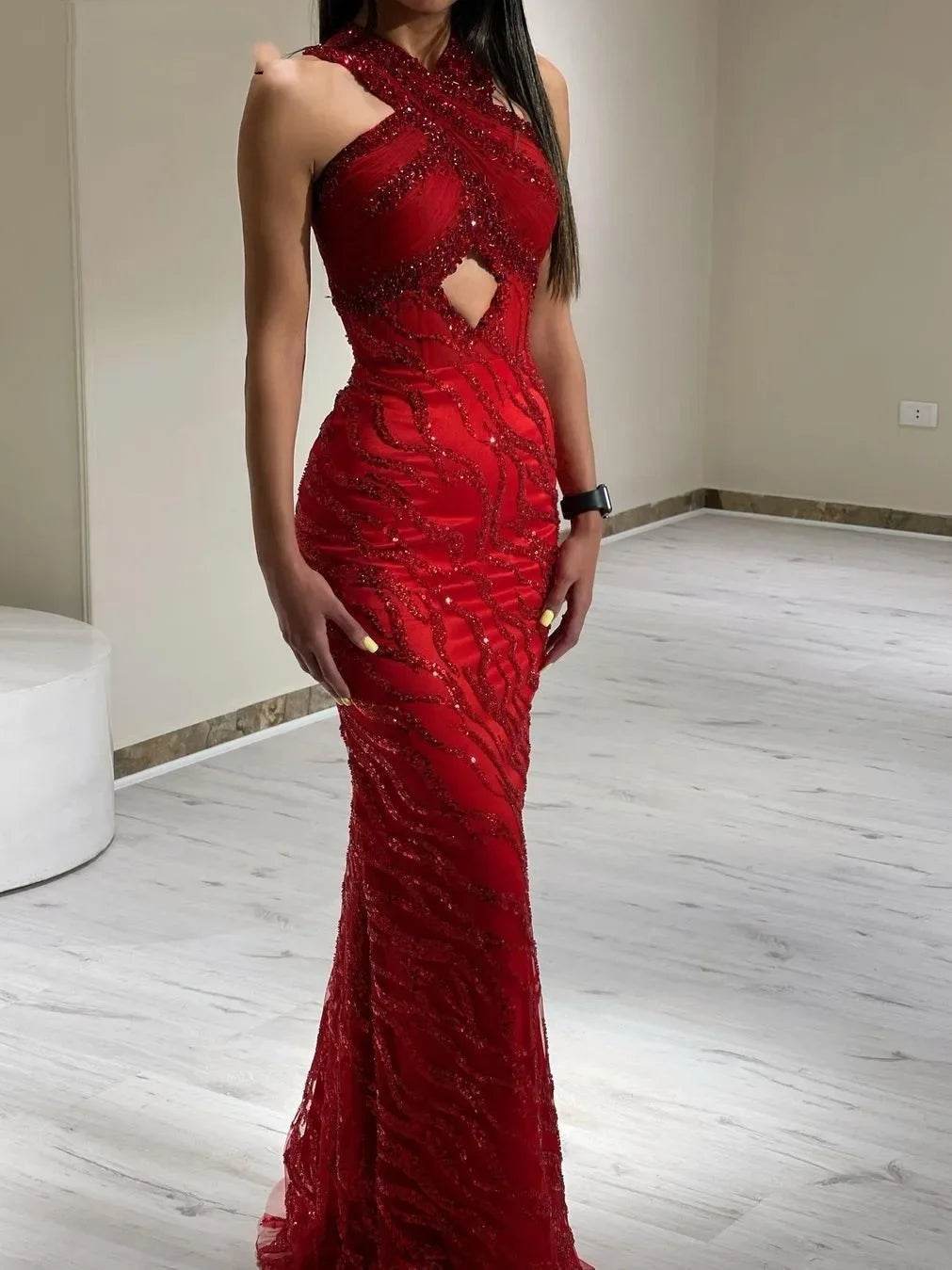 Oisslec Red Mermaid Prom Dress - Beaded Halter Sleeves for Women - Buy Center