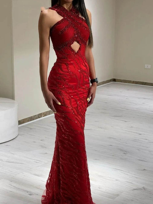 Oisslec Red Mermaid Prom Dress - Beaded Halter Sleeves for Women - Buy Center
