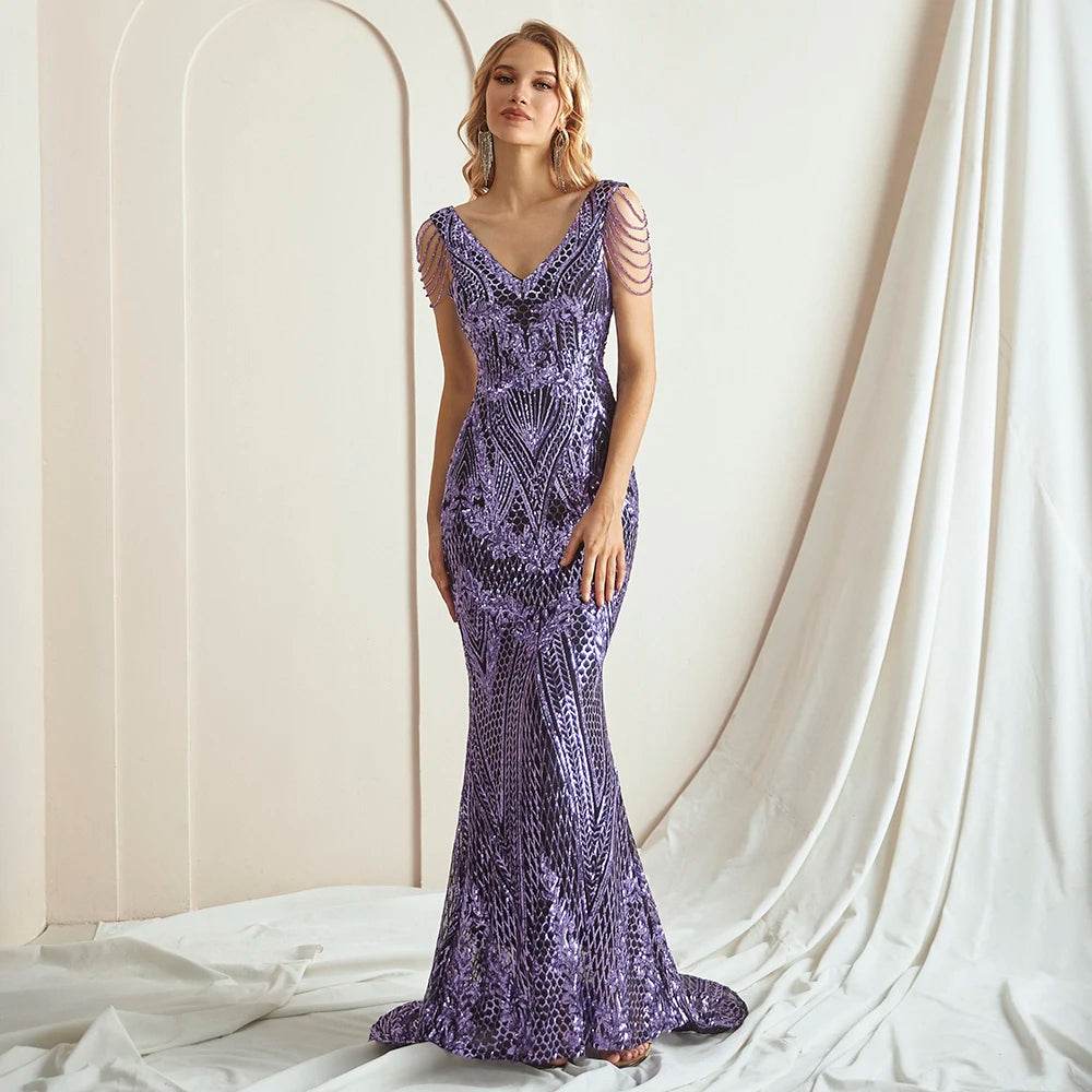 Elegant Purple Sequin Mermaid Evening Dress - Formal Party Gown - Buy Center