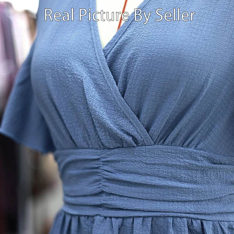 Chic Women's Pleated Ruffle Dress - V Neck Short Sleeve Summer Style - Buy Center