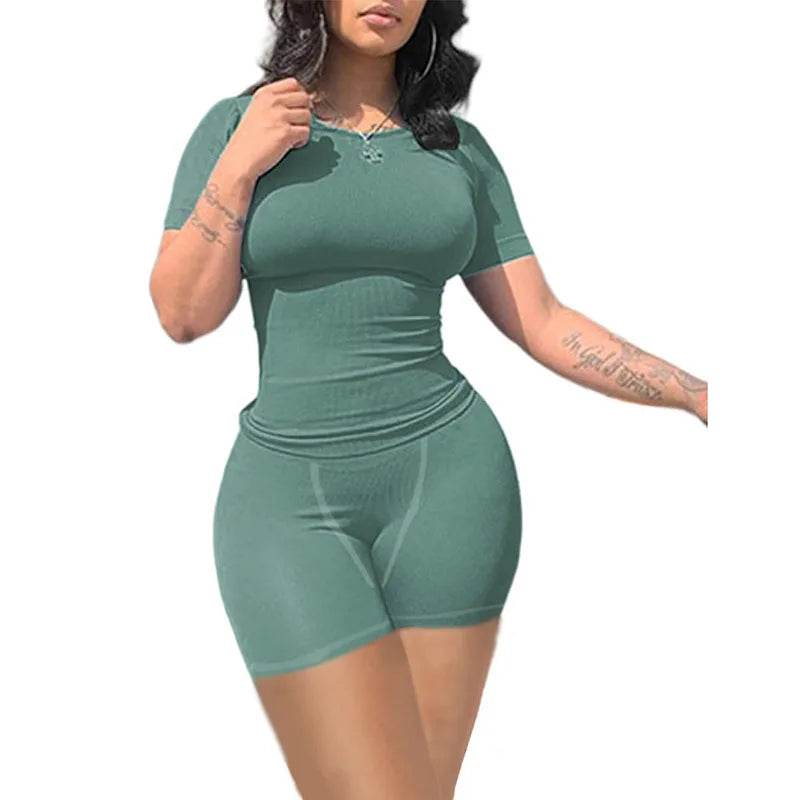 Women's Casual Ribbed 2 Piece Summer Shorts Set - Short Sleeve Top - Buy Center