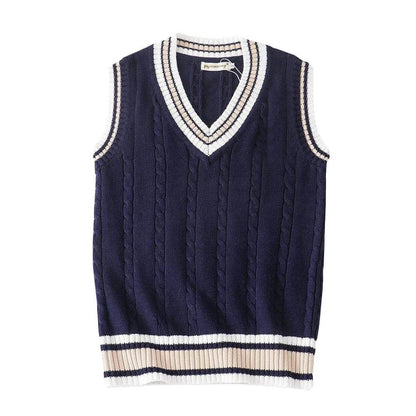 Sweater Vest Men Thicken V-neck Sleeveless Knitted Sweaters Vests Striped Retro Preppy-style Simple Chic Loose Casual All-match - Buy Center