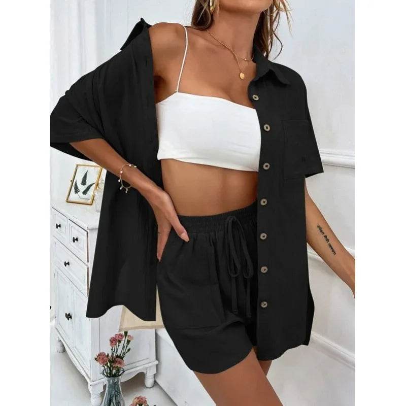 LCSKERA Black Short Sleeve Shirt & Shorts Set - Casual Summer Outfit - Buy Center