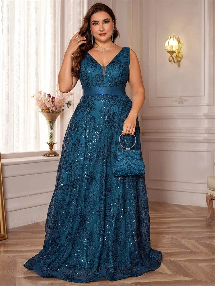 Elegant Plus Size Deep V-Neck Sequins Evening Dress - Lucy in Love - Buy Center