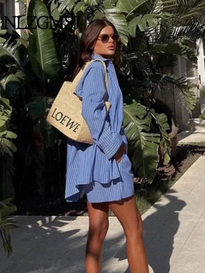 TRAFSHE Women's Fashion Set - Striped Shirt & High Waist Shorts - Buy Center