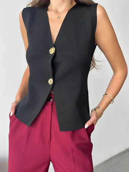 Trendix V Neck Button Knit Vest for Women - Casual Sleeveless Cardigan - Buy Center