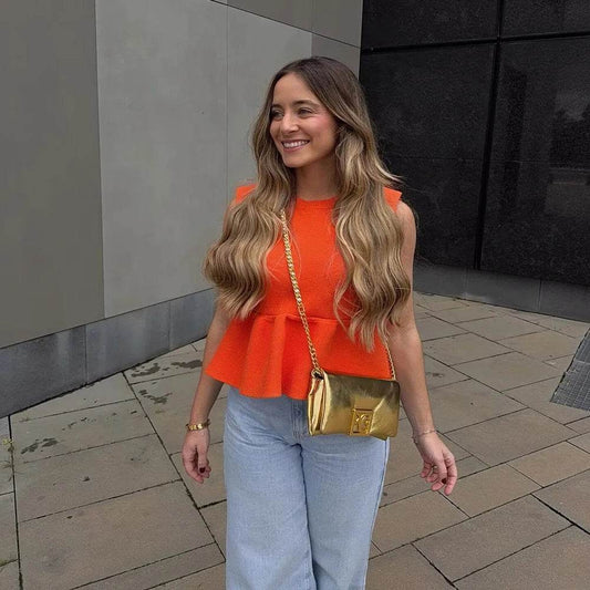 INS Fashion Orange Round Neck Sleeveless Knit Sweater for Women - Buy Center