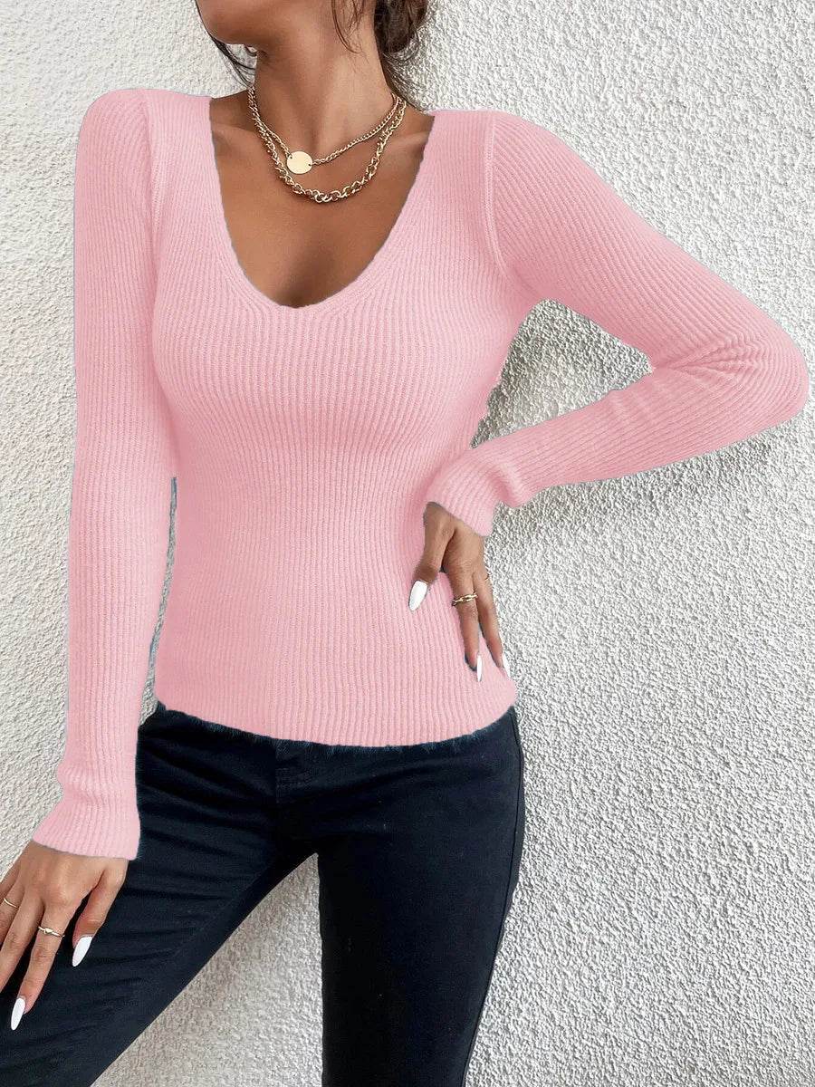 Cropped Top Lady Women’s V-Neck Striped Rib Knit Pullover Sweater - Buy Center
