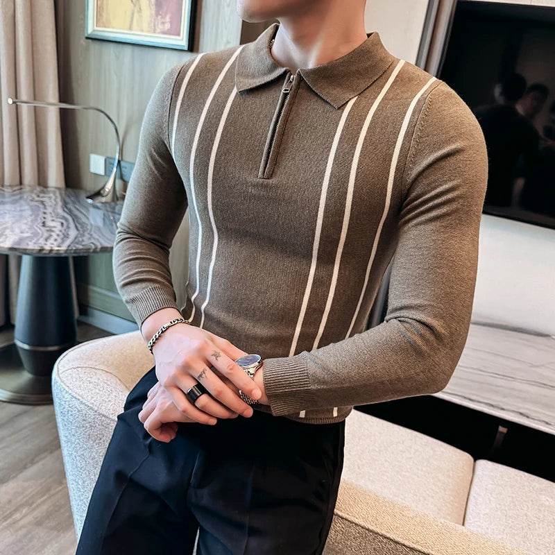 2024 Autumn Winter New Striped Sweater For Men Fashion Zipper Flip Collar Knitted Polo Shirt Men's Long Sleeve Slim Casual Pull - Buy Center