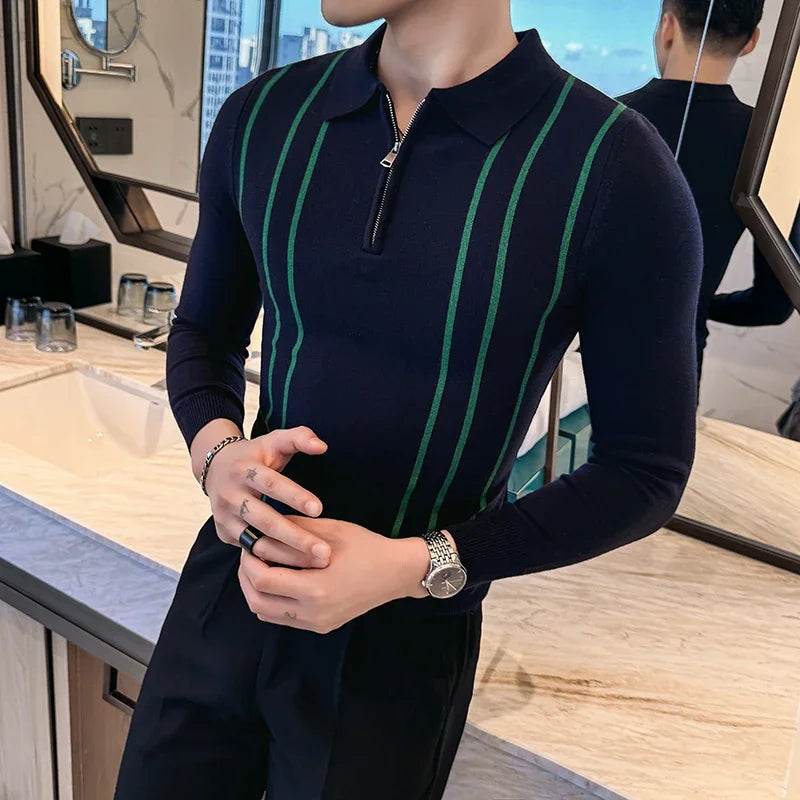 2024 Autumn Winter New Striped Sweater For Men Fashion Zipper Flip Collar Knitted Polo Shirt Men's Long Sleeve Slim Casual Pull - Buy Center