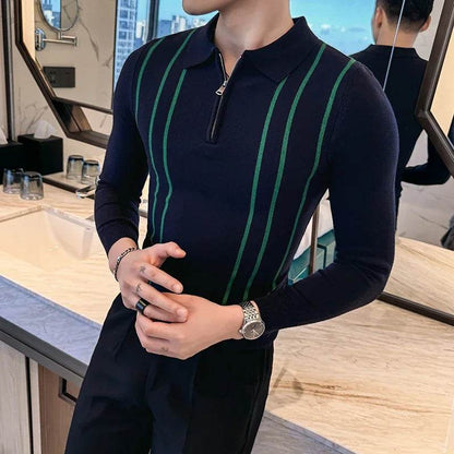 2024 Autumn Winter New Striped Sweater For Men Fashion Zipper Flip Collar Knitted Polo Shirt Men's Long Sleeve Slim Casual Pull - Buy Center