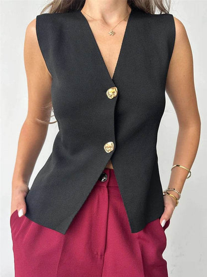 Trendix V Neck Button Knit Vest for Women - Casual Sleeveless Cardigan - Buy Center
