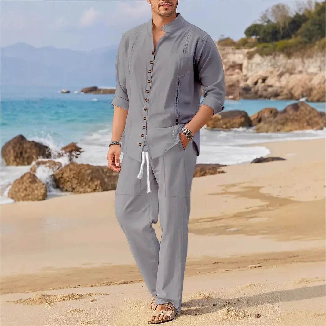 BOILEN HENG XIN Men's Casual Cuban Shirt Set - Spring Beach Style - Buy Center