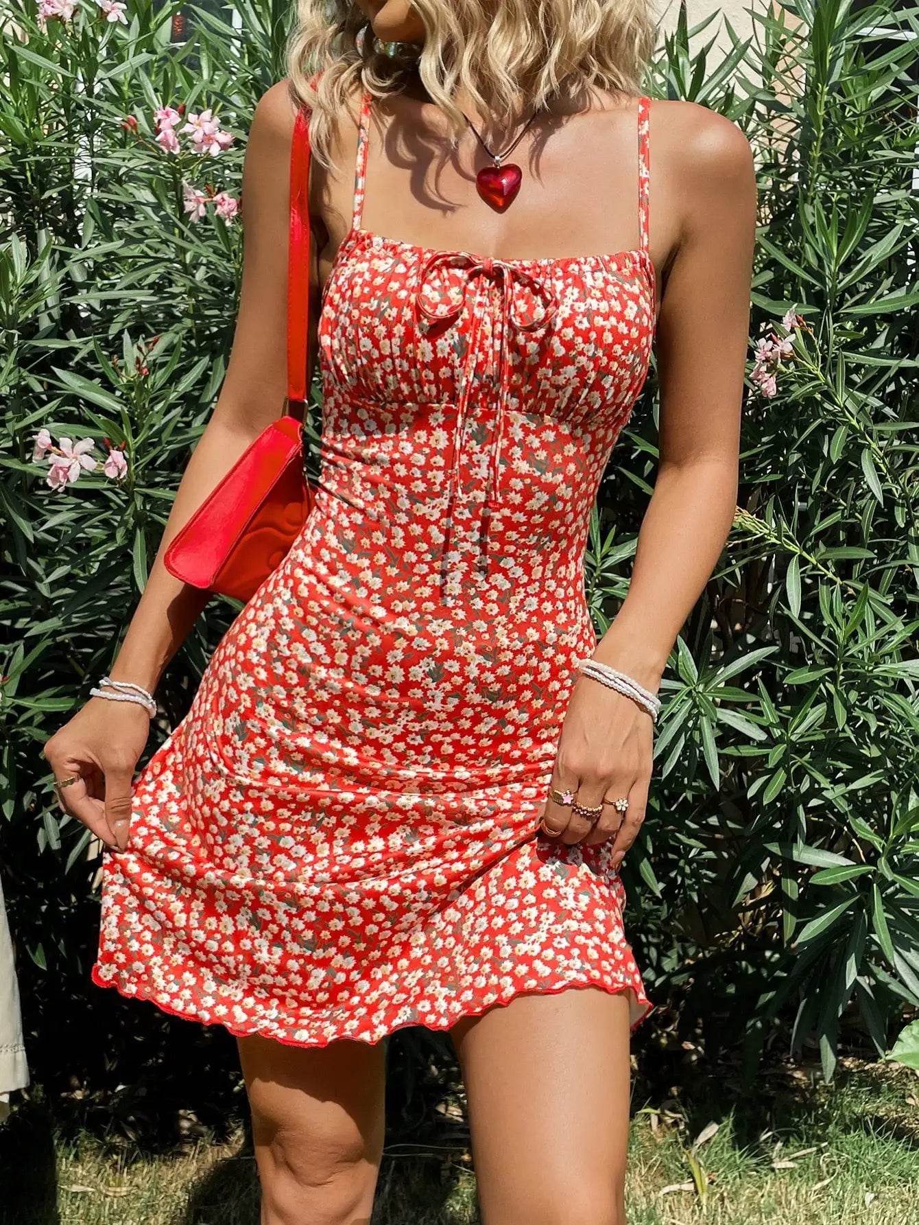 Stylish Red Floral Dress for Women - Spaghetti Strap Summer Frock - Buy Center