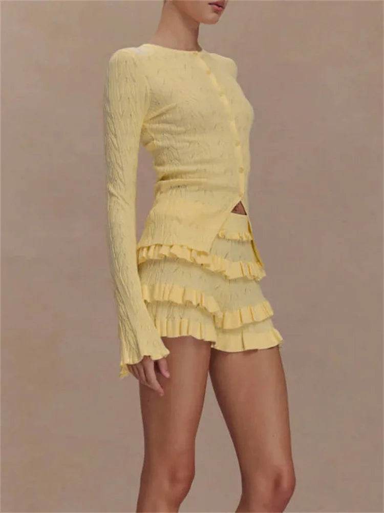 Tossy Women's Summer Knit Ruffled Cardigan and Shorts Set - Buy Center