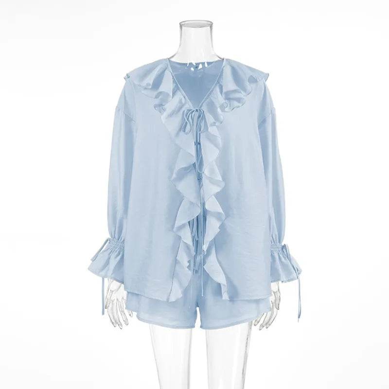 Tuularose Women's Ruffled Tie Top & Shorts Set - Casual Office Style - Buy Center