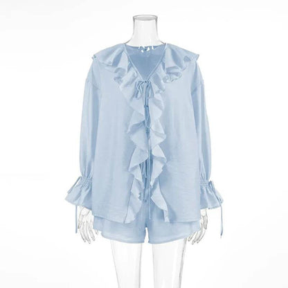 Tuularose Women's Ruffled Tie Top & Shorts Set - Casual Office Style - Buy Center