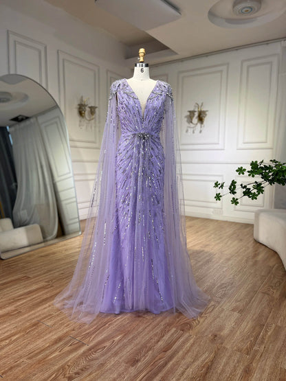 Serene Hill Turquoise Mermaid Evening Dress with Beaded Cape Sleeves - Buy Center