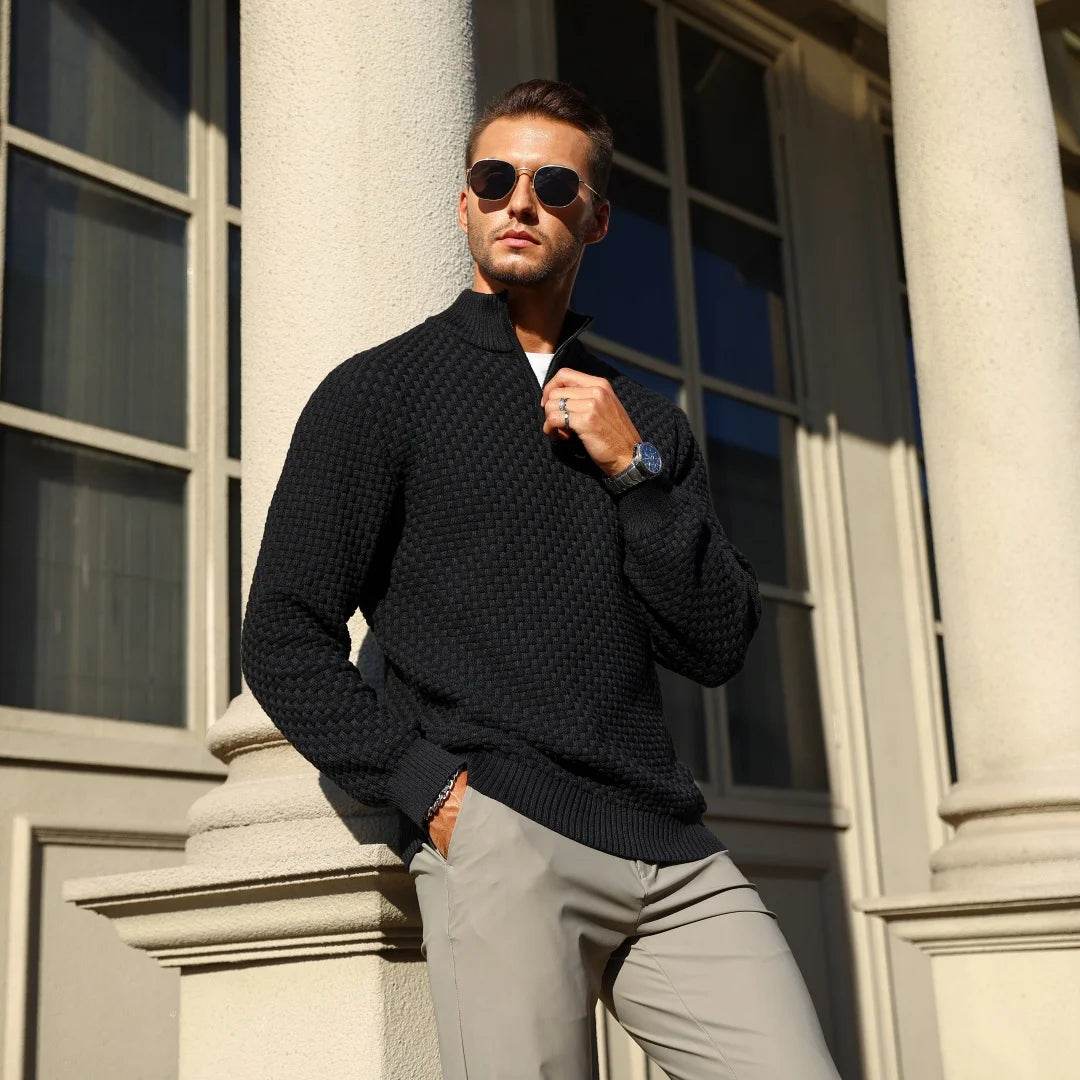 Slavinson Men's Sweater Winter Warm Zip Up Pullover Waffle Knit Mock Neck Turtleneck Soft Long Sleeve Top US Size - Buy Center